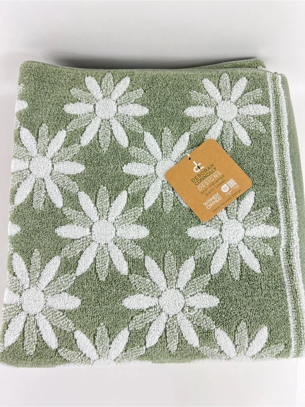 Deborah Connolly Bath Towels Green and White Floral Soft Cotton Blend 2 Pc NEW